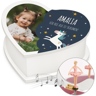 Maverton personalisierte Musikschmuckdose in Herzform mit Aufzieh-Spieluhr - Schmuckkästchen Ballerina Spieldose - Herz Schmuckkiste für Mädchen zur Taufe Erstkommunion - zu Weihnachten - Träume