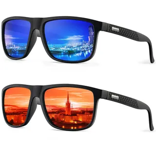 HENGOSEN Polarisierte Sonnenbrille für Herren, Sport: Herren-Sonnenbrille, Angeln, Fahren, Laufen, Retro-Sonnenbrille mit UV-Schutz, 2 Stück, 04 Dunkelblau + 06 Rot, M - 1.77 inches