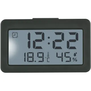 TFA Dostmann Digitaler Mini Wecker, 60.2045.10, mit Alarmfunktion, mit Thermometer und Luftfeuchtigkeitsmesser, ideal als Reiseuhr, für Klausuren, Quarzuhr, Tischuhr, klein und kompakt, grau