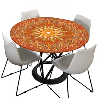 Morbuy Rund Tischdecke Elastisch, Lotuseffekt Tischdecke Abwaschbar Tischdecken Mandala Drucken Gartentischdecke Indoor Outdoor Tischtuch (Durchmesser 70cm,Orange)