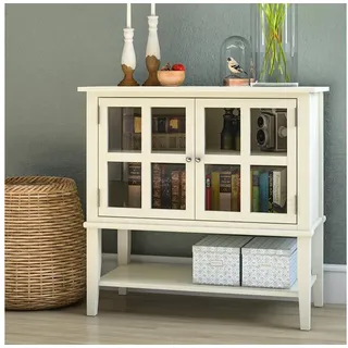 loft24 Highboard Franklin - Vitrinenschrank Vitrine Sideboard Schrank mit Glastüren, 2 Glastüren, 1 Ablagefach, MDF, Massivholz, Landhausstil weiß