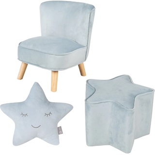 Kindersitzgruppe ROBA "Lil Sofa" Sitzmöbel-Sets Gr. Samt, blau (hellblau, sky) Kinder Sitzgruppen bestehend aus Kindersessel, Kinderhocker und Dekokissen in Sternform