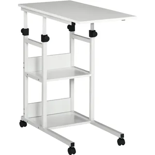 Homcom Beistelltisch mit Rollen, Höhenverstellbarer Schreibtisch mit 2 Regale Metall, Weiß, 80x40x72-82 cm