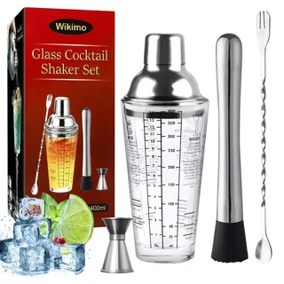 Wikimo Cocktail Shaker, 400ml Professional Glas Cocktail Set, Cocktailshaker Zubehör Messbecher Coctail Mix Set für Mojito, für Zuhause oder die Bar