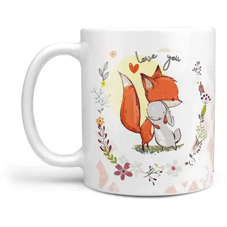 Sunnywall Keramik Tasse Kaffeebecher Fuchs Hase Kuscheln Weiss Büro | Kaffeetasse Teetasse Keramikbecher 330 ml spülmaschinengeeignet für Kaffee Tee Büro Alltag Geschenkidee Geschenktasse