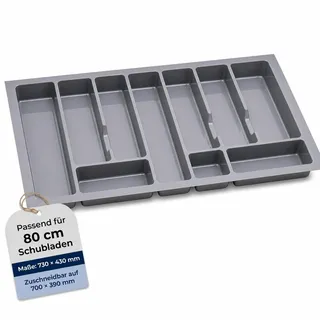 Besteckkasten für Schubladen 80 cm, Silber, Einstellbar Breite 73 - 49 cm | Schubladen Organizer mit Fächern, zuschneidbar, robuster Kunststoffeinsatz, Besteckeinsatz für Besteck und Küchenutensilien