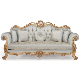 Casa Padrino Luxus Barock Wohnzimmer Sofa mit dekorativen Kissen Hellblau / Türkis / Gold 222 x 82 x H. 120 cm - Barock Wohnzimmermöbel
