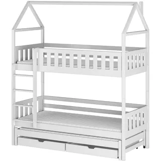 LanoMeble Dreifach-Etagenbett IGA 80x180 weiß, Ausziehbett und geräumige Schubladen für Bettwäsche