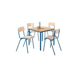 Sparset Stapelstühle, Buchenholz, Gestell blau, B 450 x T 520 x H 770 mm, 4 Stück + Tisch, Buche-Natur, Gestell blau, L 800 x B 800 x H 720 mm