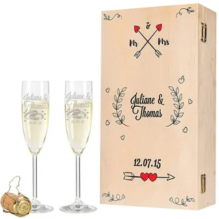 GRAVURZEILE Leonardo Sektgläser - Mr & Mrs Design als Set - graviert mit Namen & Datum - inkl. bedruckter Holzkiste - Geschenk für das Brautpaar zur Hochzeit, Verlobung & Jahrestag