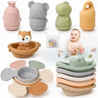 SaiXuan Badespielzeug Baby ab 1 Jahr,17 PCS Silikon Badewannenspielzeug BPA-frei mit 4 Spritztieren, 6 Stapelbechern, 5 Badebooten, Fuchs-Boot & Netzbeutel 37×47 cm – Wasserspielzeug für Bad & Dusche