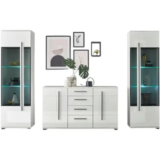 furn.design Wohnwand, weiß Hochglanz, 3-teilig 290 cm, Anbauwand mit Soft-Close