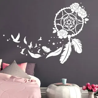 Wandtattoo Traumfänger mit Rosen, Vögeln und Federn/schwarz / 80 cm hoch x 113 cm breit