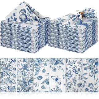 24er Set Stoffservietten Blau Weiß aus Leinen, 38x38 cm Mundtücher Floral mit Muster, 6 Designs Serviettenset Landhausstil & Maritim, Wiederverwendbare Leinenservietten für Hochzeit, Ostern, Taufe