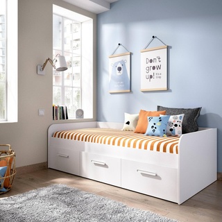 Dmora - Kinderbett Adamello, Bettkasten für Schlafzimmer, Struktur für Einzelbett mit 3 Schubladen, 194 x 97 x 60 cm, Weiß