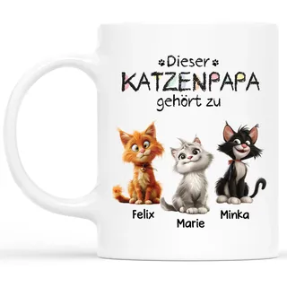Geschenke Mall Personalisierte Tasse - Dieser Katzenpapa Katzenmama Gehört Zu - Katzentasse lustig, Katzenliebhaber geschenke, Tasse Katzenpapa, Katzen Mama (3 Katzen)