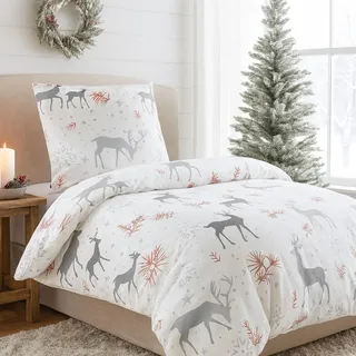 BaSaTex Warme Winter Bettwäsche 2tlg 135x200 + 80x80 cm Microfaser Flausch Fleece, Thermofleece Rentier Weiss Grau