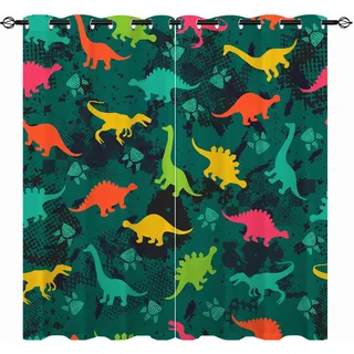 YUANZU Dinosaurier Vorhänge Kinder Jungen Dino Tier Ösen Gardinen mit Blickdichte Thermo Vorhang Kälteschutz Blackout Curtain Kinderzimmer Schlafzimmer Verdunkelung Fenster, 2 Stück, H 137 x B 132 cm