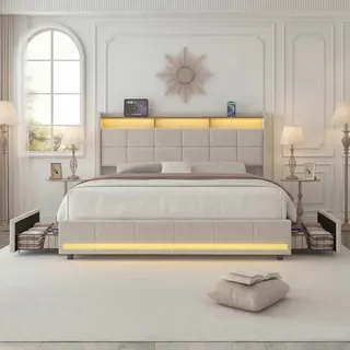 Polsterbett Doppelbett 140x200 cm, Bett 140x200 mit Bettkasten, Stauraumbett mit 4 Schubladen und Lattenrost, Staufach-Kopfteil mit LED-Beleuchtung und Ladestation(2 USB-Anschlüsse,1 Type-C),Leinen