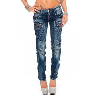 Cipo & Baxx Slim-fit-Jeans Damen Slim Fit Hose Stonewashed BA-WD200B mit Ziernähten Zippern und Markenlogo blau 34