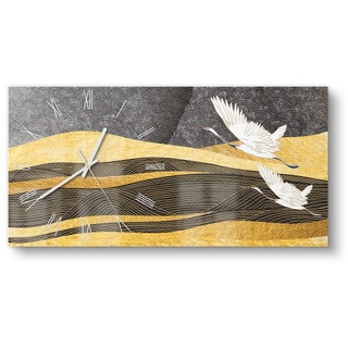 DEQORI Wanduhr 'Fliegende Kraniche' (Glas Glasuhr modern Wand Uhr Design Küchenuhr) goldfarben|schwarz 60 cm x 30 cm