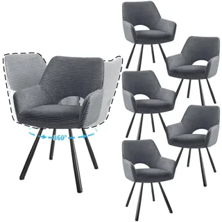 JIJIAN 6er Set 360° Drehbare Esszimmerstühle mit Armlehnen, Grau | Drehbar Stühle Esszimmer mit Metallbeinen, Moderner Küchenstuhl aus Cord, Polsterstuhl für Esszimmer, Küche, Wohnzimmer