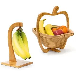 2 tlg Obst Set, Bananenhalter, Obstkorb, Obsthalter, Obstschale, Obstständer, Faltkorb, Bananenständer, Dekoschale, Holz