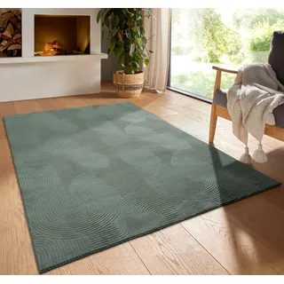 Taracarpet Kurzflor Boho Skandi Polyester Teppich in 3D Optik waschbar, pflegeleicht und robust ideal fürs Wohnzimmer, Schlafzimmer und Kinderzimmer auch als Badematte Grün Wellen 120 cm rund
