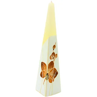 Dekohelden24 Hochwertige Kerze mit Orchidee/Orchideenkerze als Pyramidenkerze/weiß mit brauner Blüte/H/Ø: ca. 25 x 6 cm.