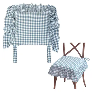 Zyronn Sitzkissen Stuhlkissen mit Volant und Bindebändern, kariert, 45×45 cm Landhaus Stuhlauflage für Esszimmer und Küche blau