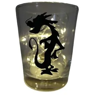 Lichtidee Teelicht Glas Windlicht Tischlicht Print schwarz mit Drache Muschu Herbst Handmade Unikat Maritim Geburtstag Ostern Muttertaggeschenk, Höhe 9cm,