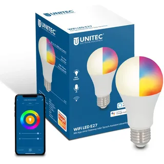Unitec WIFI LED Glühbirne E27 CCT RGB, dimmbare WLAN Lampe, Farbwechsel, Kalt-/Warm-/Neutralweiß, mit Timer und Zeitschaltuhr
