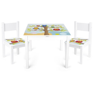 Leomark Weiß Kindertisch und 2 Stühle aus Holz - Eulen YETI - Tisch Kinderstuhl für Kinder, Kindersitzgruppe, Sitzgruppe mit UV Aufdruck, Mehrfarbig Tischgarnitur, Dim: 60x60x49 (H) cm