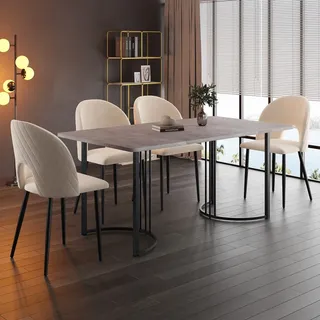 Flieks Esstisch Rechteckig, Küchentisch Esszimmertisch mit Schwarzen Metallbeinen, Esszimmertisch Arbeitstisch Marmoroptik, Grau, 140x80x75cm - Grau/Schwarz