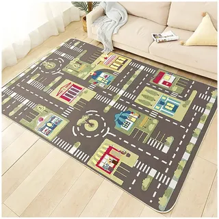 TYKTZXY Kinderteppich Spielen Teppich Straße Auto Tier Universum Blau Grün Grau(120×180cm,47×71inch)