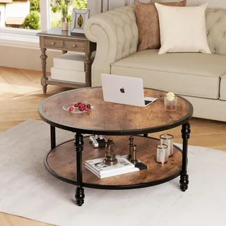 OPULENTHOME Großer runder Couchtisch aus Massivholz, Vintage Retro Wohnzimmertisch mit 2 Ebenen, Beistelltisch mit 4 Säulenbeinen für Wohnzimmer, Büro, 72 x 72 x 48 cm