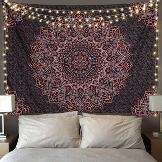 Edeesky Mandala-Wandteppich, Vintage-Stil, ästhetisch, Hippie-Dekor, Bohemian-Wandkunst, Boho-Dekoration für Schlafzimmer, Wohnzimmer, Wohnheim, Schwarz/Rosa
