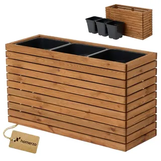 Blumenkasten für außen Pflanzen-Übertopf aus Holz mit Kunststoff-Pflanzeneinsatz 18 l Blumentopf eckig für Balkon oder Terrasse - Braun