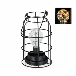 Relaxdays Tischlampe Vintage, Gitterlampe mit LED Glühbirne, warmweiß, Batterie, Drahtlampe Industrie Design, schwarz