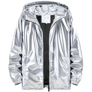 Bkazwe Metallische Jacke Metallisch Glänzend Bomberjacke für Herren Wasserdichte Regenjacke Leicht mit Kapuzen Outdoor Windbreaker Hiphop Langarm Bomberjacke Fliegenjacke Bikerjacke Outwear - L