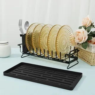 BAODBF Kleines Abtropfgestell Geschirr,Edelstahl Spülbecken Organizer Küche,Platzsparendes Geschirrabtropfgestell mit Abtropfschale,Sink Caddy für die Küchenarbeitsplatte mit Utensilienhalter,Schwarz