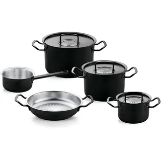 Fissler Topf-Set Original-Profi Collection ShadowLine, Edelstahl 18/10 (Set, 8-tlg., 3 Kochtöpfe mit Metalldeckel, 1 Servierpfanne, 1 Stielkasserolle), Auf 1.800 Stück limitiert, Echtheitszertifikat, Made in Germany schwarz|silberfarben