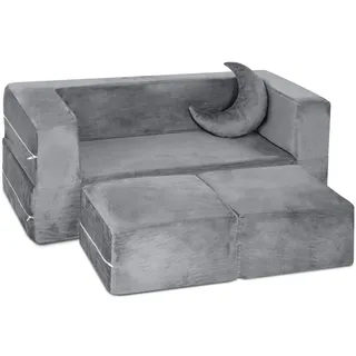 Milliard Kinder Sofa mit Schlaffunktion, Kinderstuhl, Schlafsofa, Bettsofa, Ausklappbarer Kindersessel, Kindercouch & Spielsofa, Softbaustein-Kindermöbel für Kinderzimmer für Jungen & Mädchen, Grau