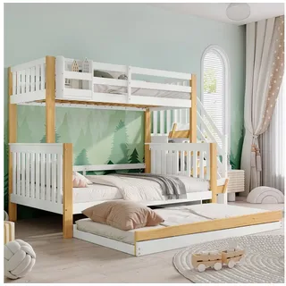 OKWISH Etagenbett Kinderbett Funktionsbett (mit Fallschutzgitter, 3 Bettpositionen, Rollbett und Ecktreppe, 90x200cm & 120x200cm Jugendbett), ohne Matratze weiß