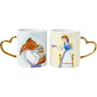 Silver Buffalo Disney Princess Die Schöne und das Biest Don't Mind the Books, goldfarbener herzförmiger Griff, 2 Stück, Keramikbecher-Set, 400 ml