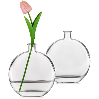 Glasseam Rund Vasen Deko, Flache Vase Glas Vasen für Pampasgras, 18.7cm Blumenvasen Modern Glasvase Set 2, Aesthetic Vase Durchsichtig Minimalistisches Dekovasen Glasvasen für Tischdeko Wohnzimmer