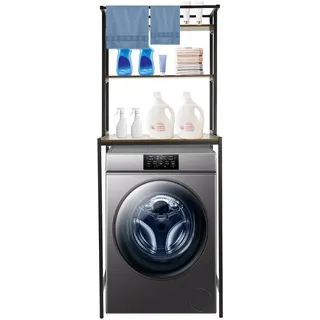 Suvnlsy 3-stöckiges Waschmaschinenregal, Regal über Waschmaschine & Trockner, Badezimmerregal platzsparend, höhenverstellbar, für Waschküche, Bad, WC, Balkon, Küche, Wohnzimmer (Schwarz+Eiche)