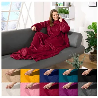 heimtexland ® Ärmeldecke TV Kuscheldecke mit Ärmeln Taschen Fußsack Super Soft Flanell tragbare Decke Ganzkörperdecke Typ870 Bordeaux Rot 180x150 cm