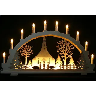 Großer Schwibbogen 70cm x 41cm mit 10 Kerzen und LED Vorbeleuchtung - Seiffener Kirche - traditionelles Motiv - Handarbeit aus dem Erzgebirge - Schwibbogen für Weihnachten
