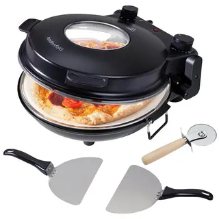 Heidenfeld Pizzaofen mobiler elektrischer Holzofen Napoli 1200 W - bis 400°C, Mini Back Ofen - Pizzamaker - Pizza Ofen - extra großes Sichtfenster schwarz
